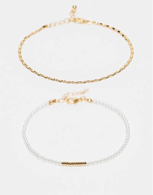 14k gold plated pack of 2 anklets with faux pearl  and fine chain design in gold tone