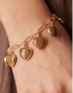 bracelet with faux tigers eye heart charms in gold tone